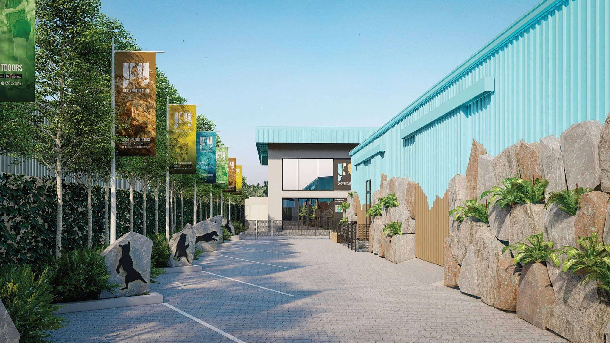 The exterior view of Dogventure HQ, a dog daycare and training facility.