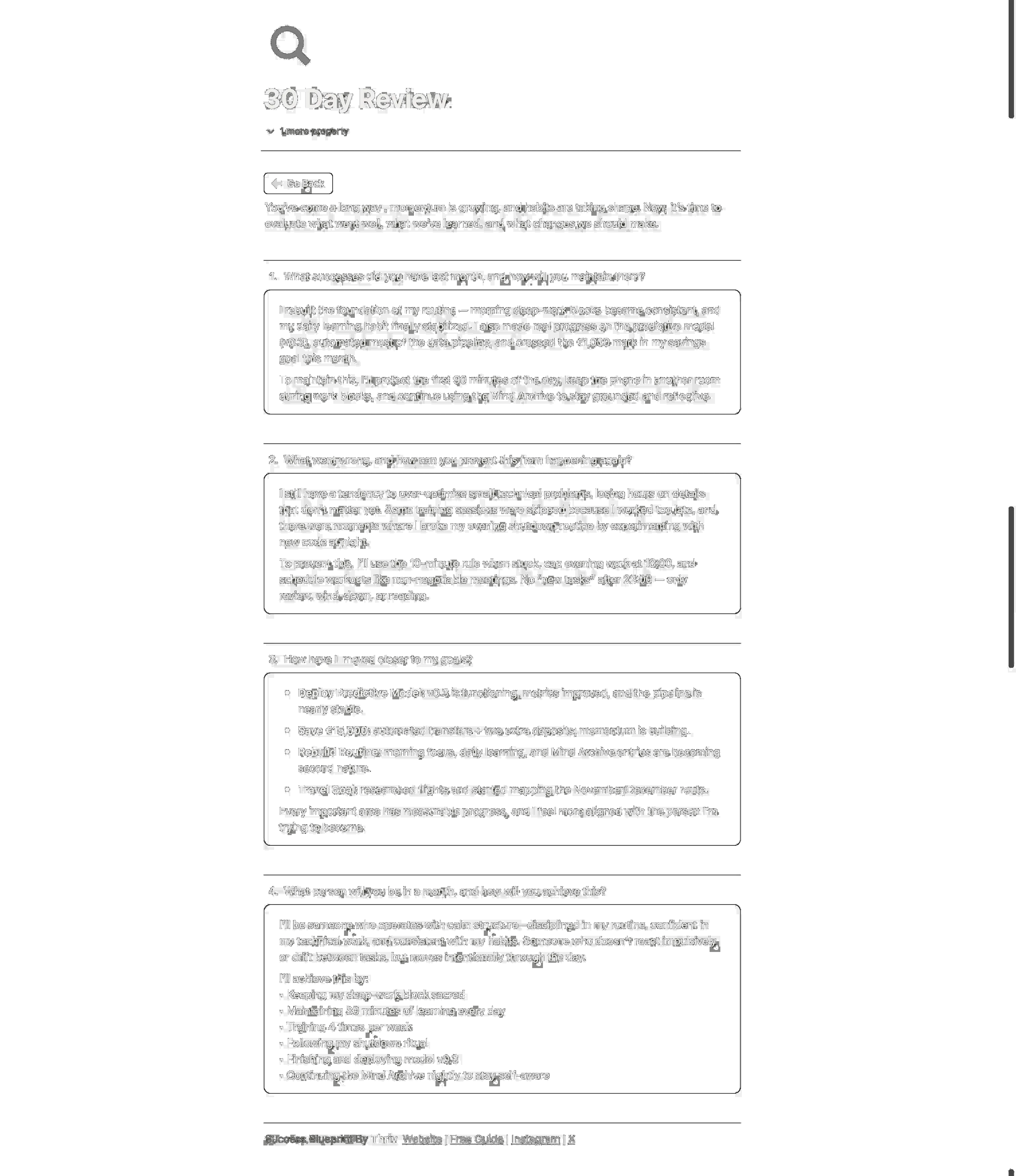 Thriv Notion 30-day review page for monthly reflection and progress tracking