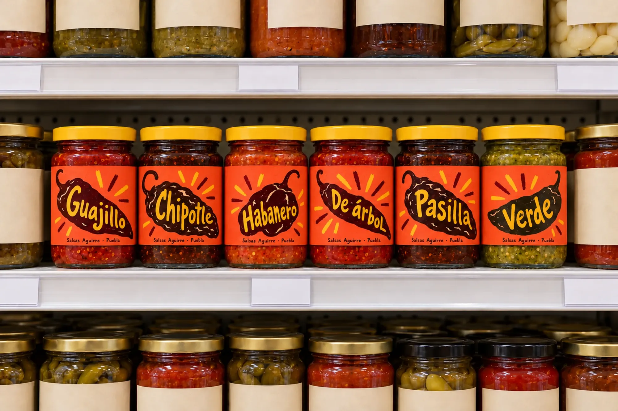 A supermarket shelf where the Sazón jars with bright chile labels stand out among plain jars