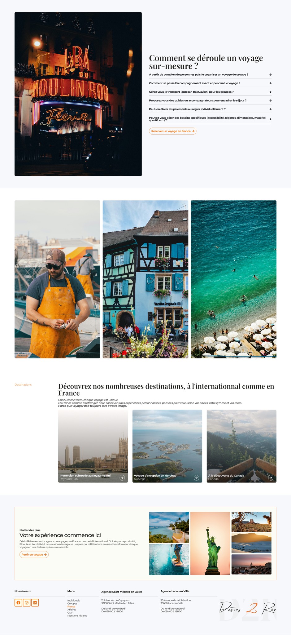 Mise en page de la foire aux questions (FAQ) de l'agence Désirs2Rêves : design de site de voyage avec accordéons interactifs sous WordPress.