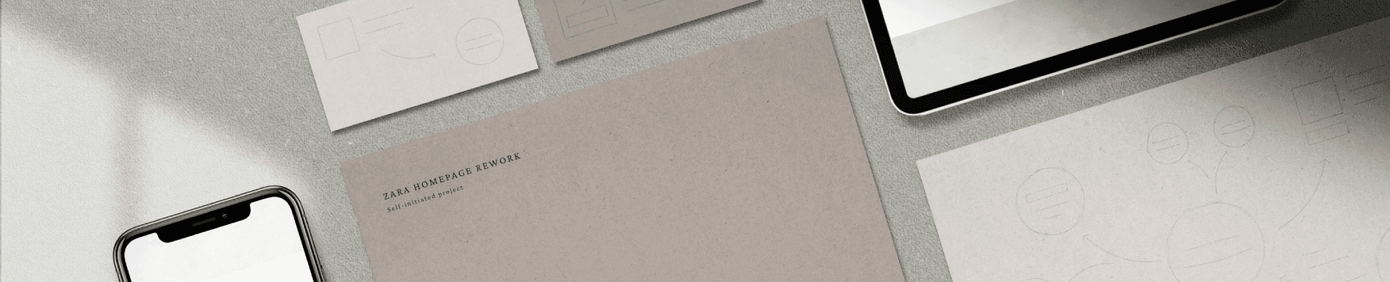 Zara homepage rework banner made of some cards and mobile devices on a table