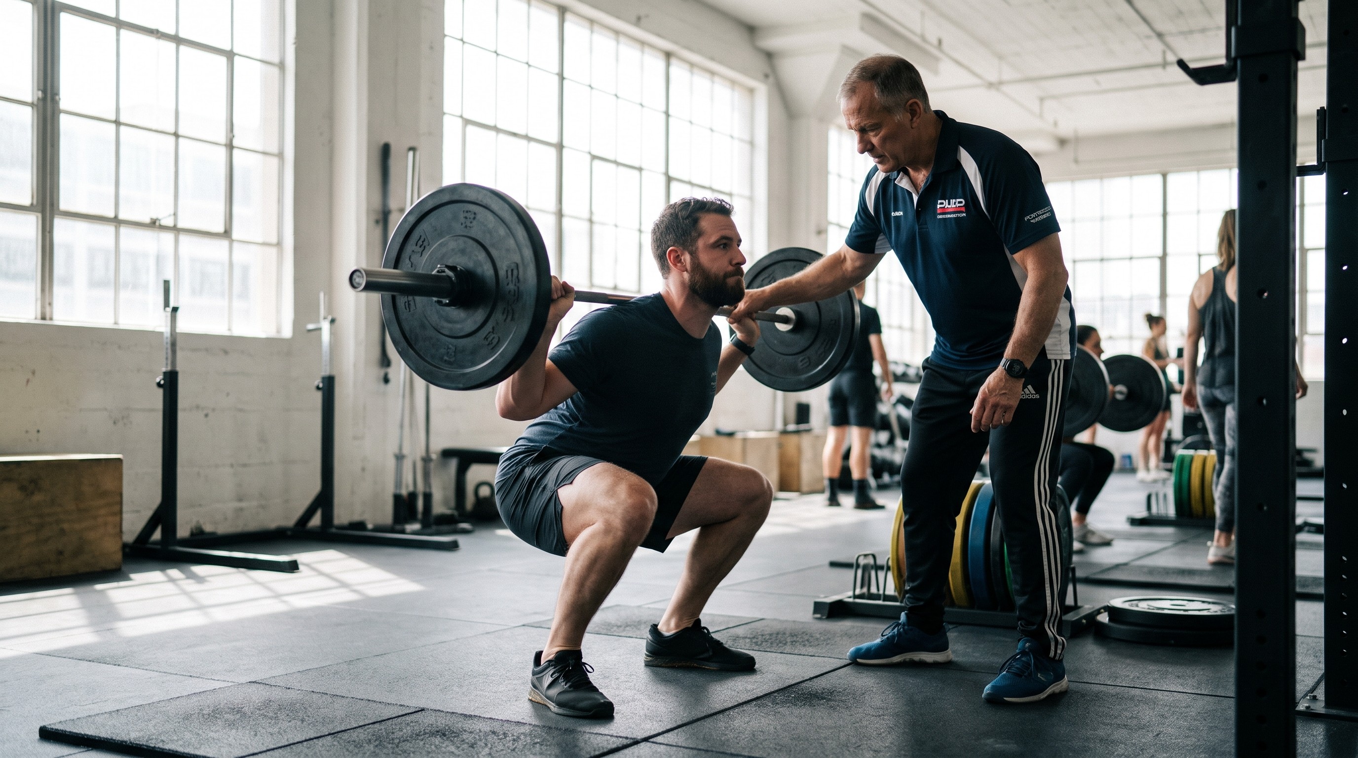 atleta esegue squat con bilanciere sotto supervisione istruttore powerlifting certificato AIF