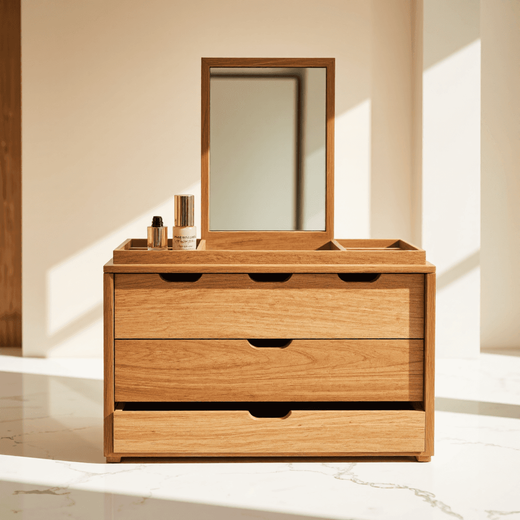 product photography of a wooden makeup organizer with a mirror