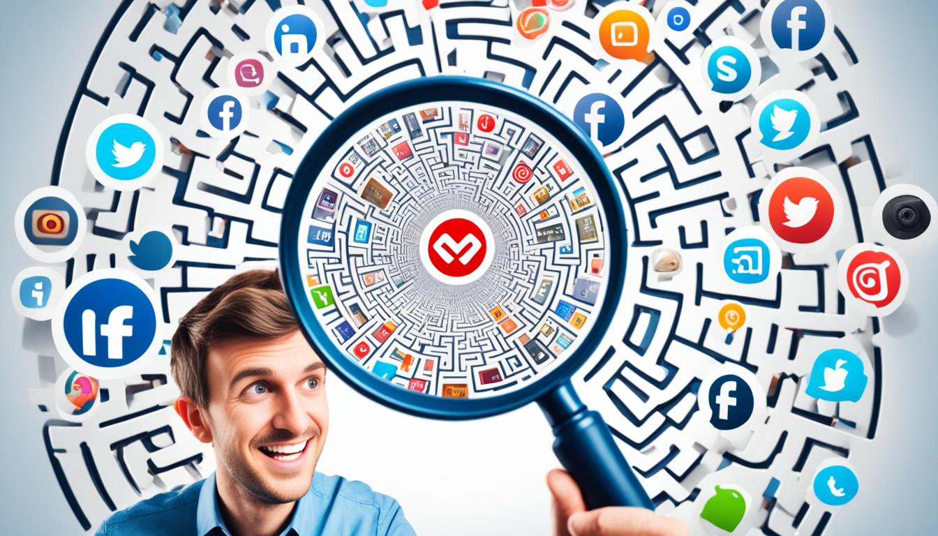 Create an image of a maze with various social media platforms, such as Facebook, Twitter, Instagram, etc., scattered throughout. Have a person holding a magnifying glass examining each platform, representing the process of auditing existing social media content.