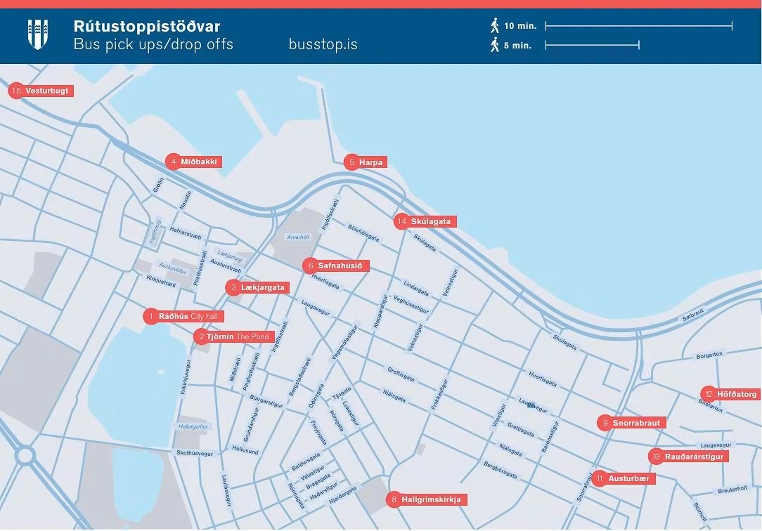 Map of designated tour bus stops in Reykjavík