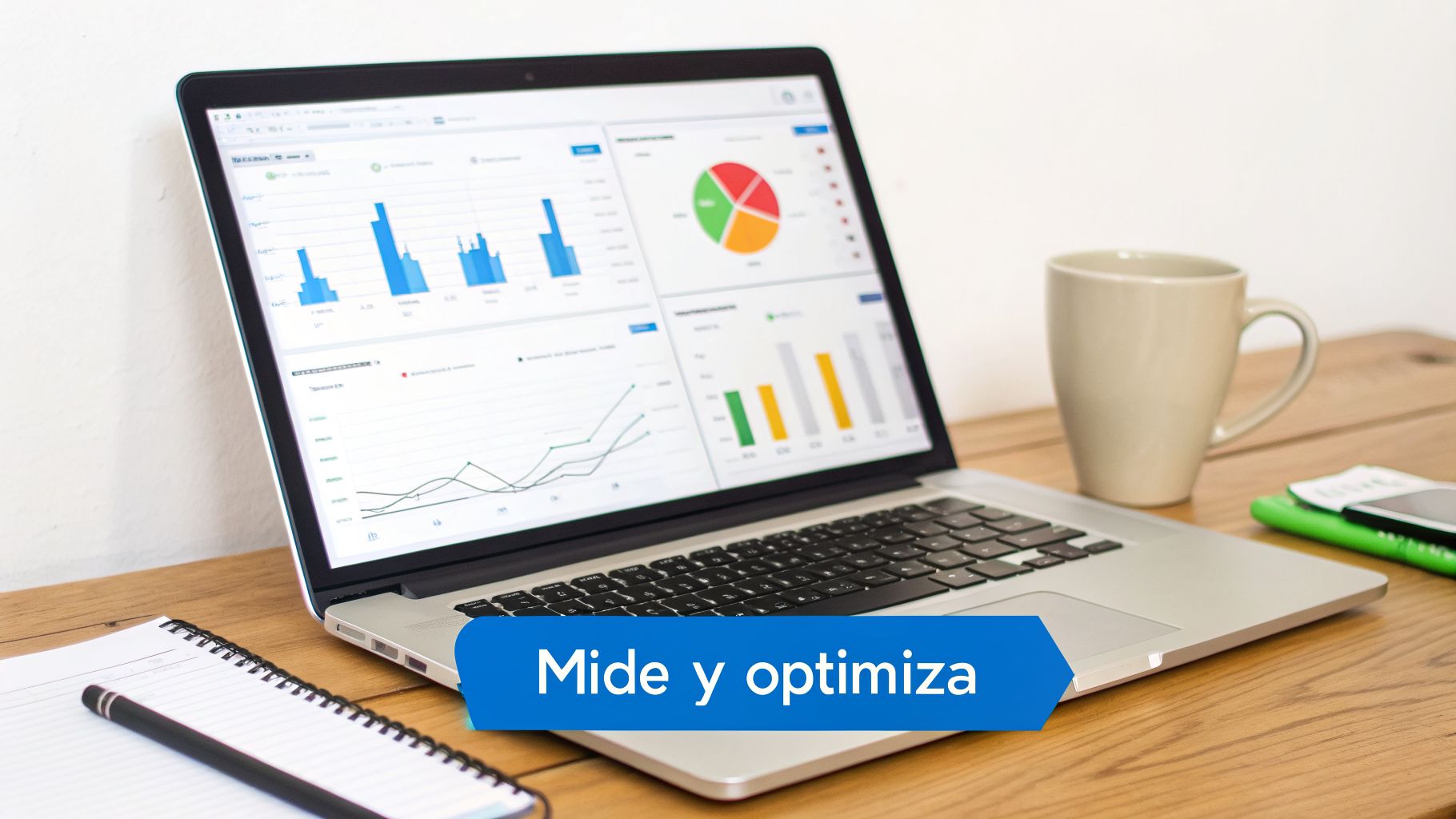 Laptop con gráficos de rendimiento y datos en pantalla, junto a la frase 'Mide y optimiza' y una taza de café.