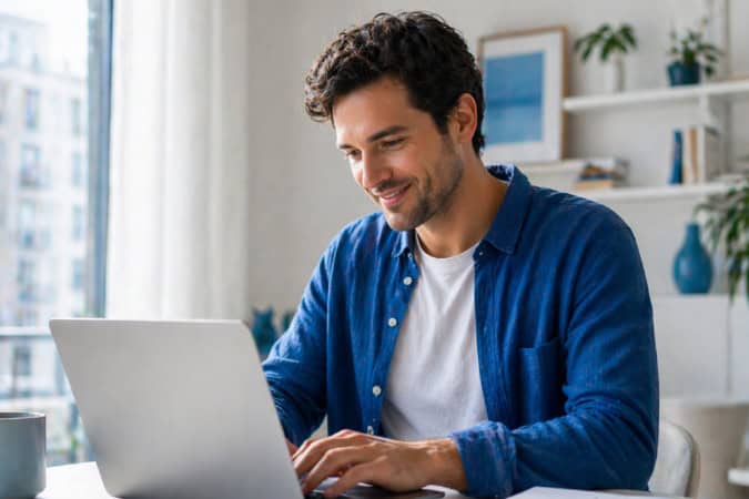 E-commerce merchant checking consumer research trends on a laptop