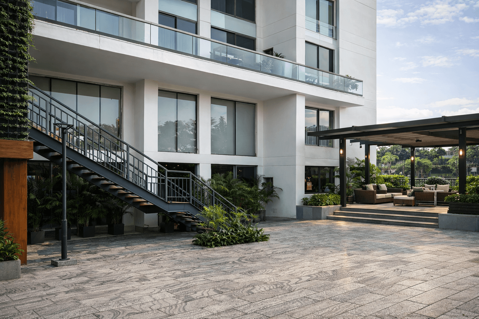 Textured Stoovo stone paving applied in commercial deck and entrance area in Delhi