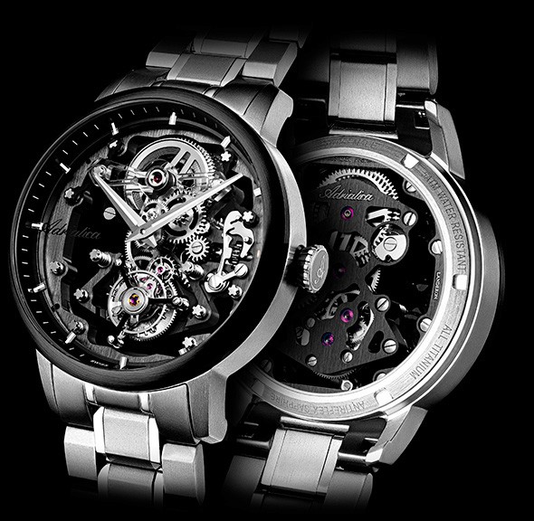 The image showcases a sleek, silver luxury watch with an intricate open-heart dial and visible mechanical gears, highlighting its sophisticated design and craftsmanship, ideal for Adriatica photography and video ads.