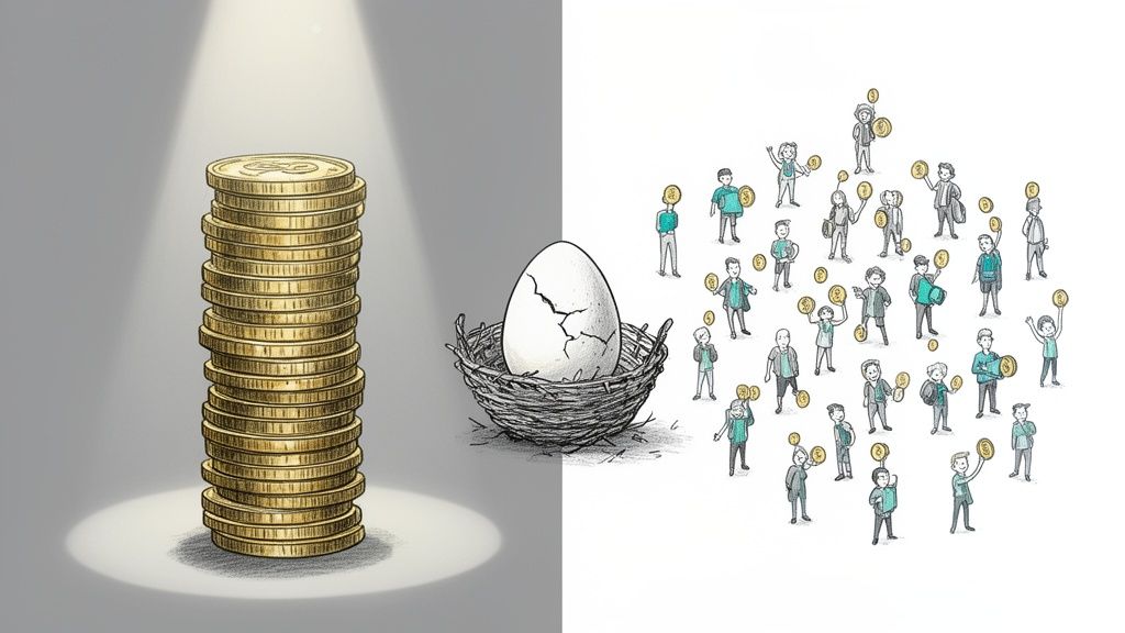 Illustration of a tall stack of golden coins, a cracked egg in a nest, and people with coins.