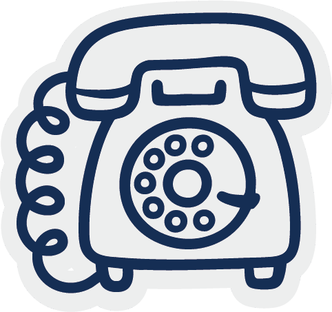 A vintage rotary telephone icon with a coiled cord against a light background.