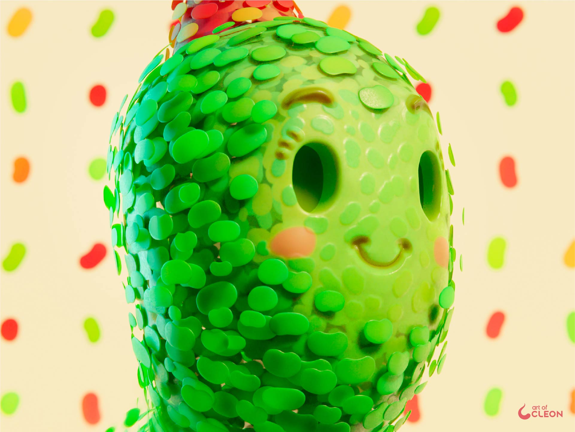 Close view of the Spirit of the Forest character showing layered green leaves, hollow eyes, pink cheeks, and a small smile.