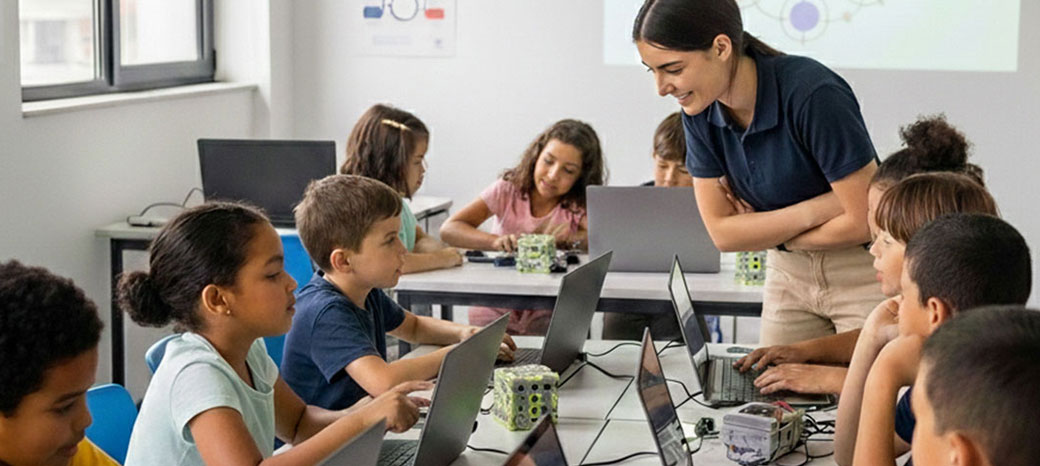 Middle school students learning artificial intelligence concepts in innovative after school AI enrichment class