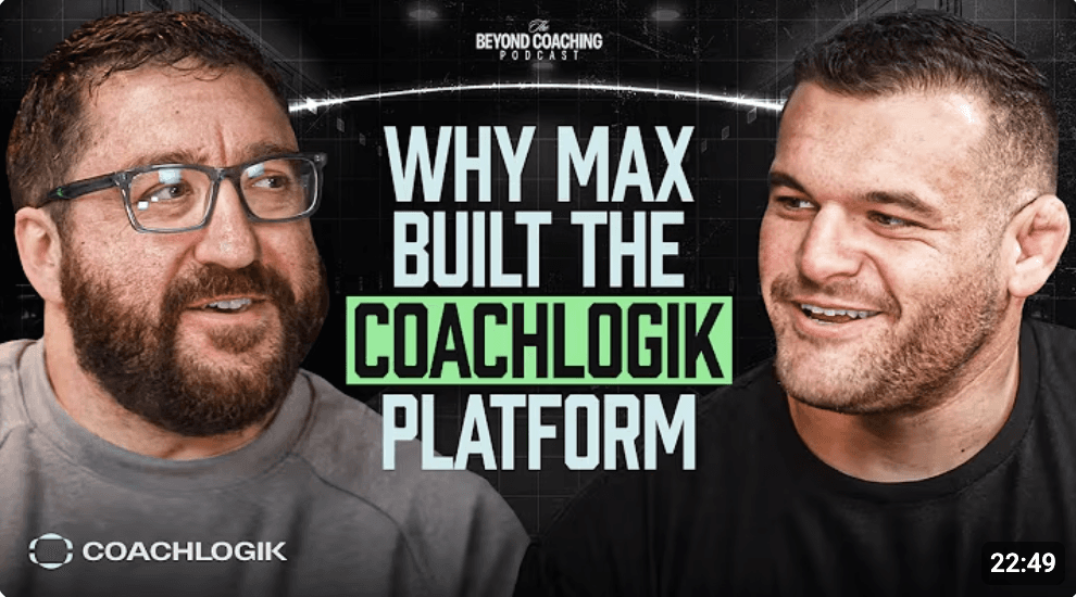 text reads "WHY MAX BUILT THE COACHLOGIK PLATFORM" and it's a picture of both Zack and Max Aita in a podcast answering questions on "How can AI help my personal training business?"