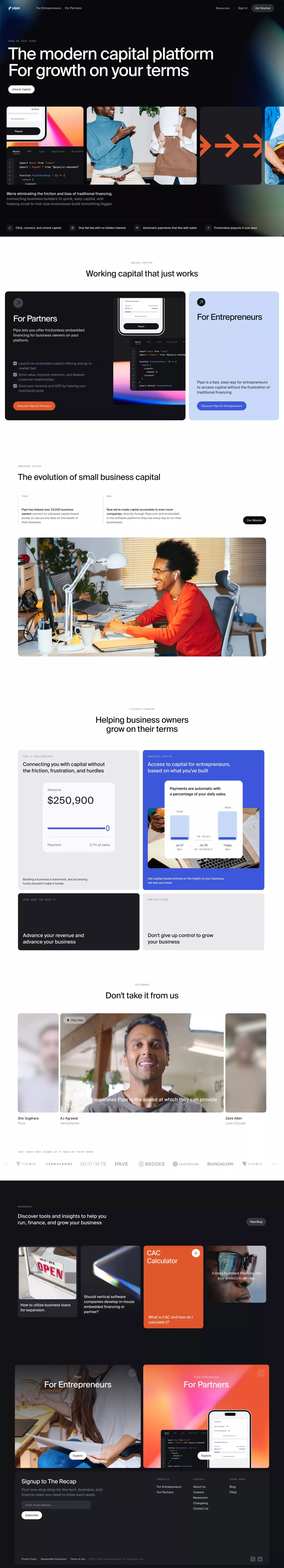 Pipe lets you turn future revenue into u landing page screenshot showcasing Tech and Finance design