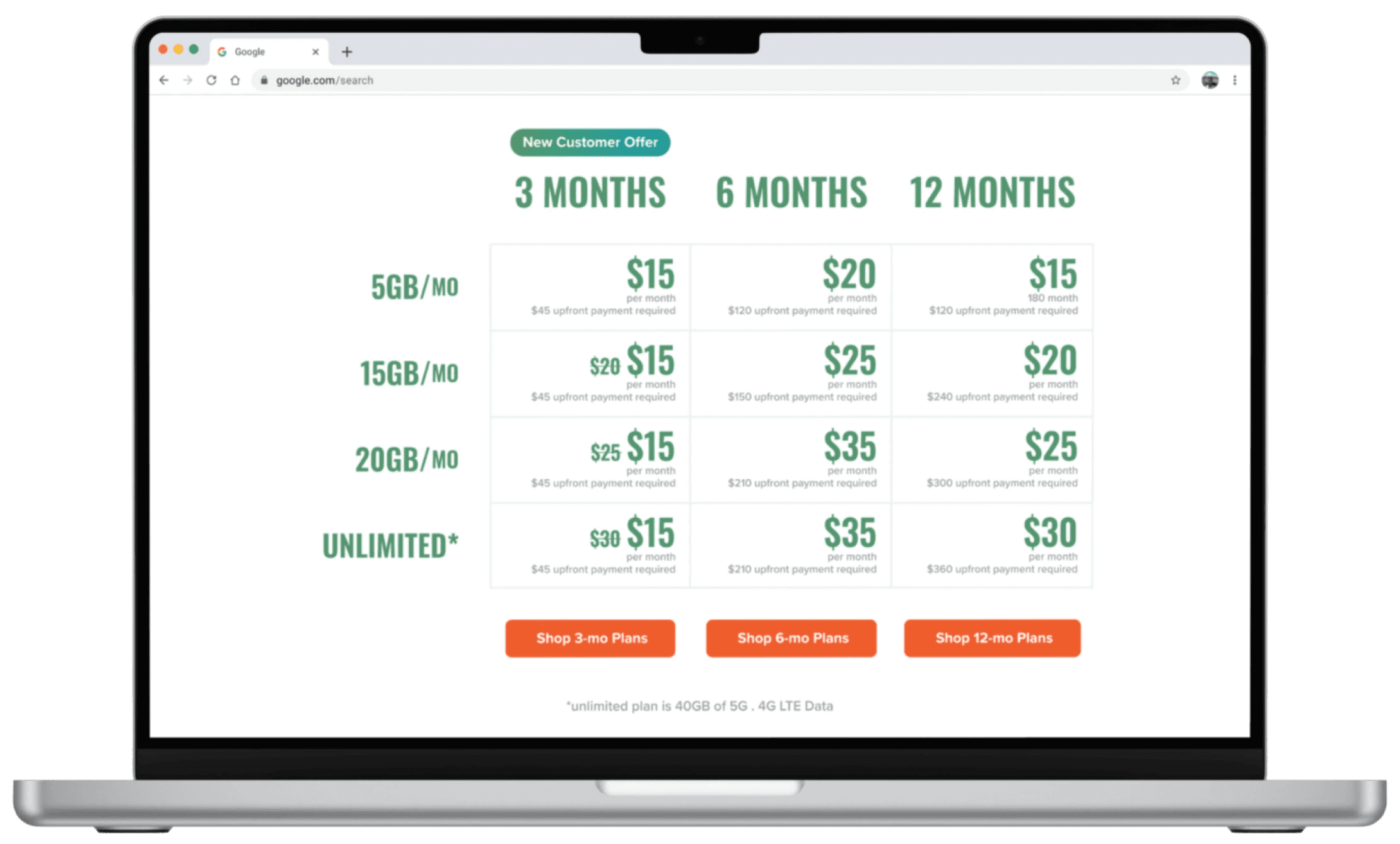 Desktop view of Mint mobile's plan comparison chart