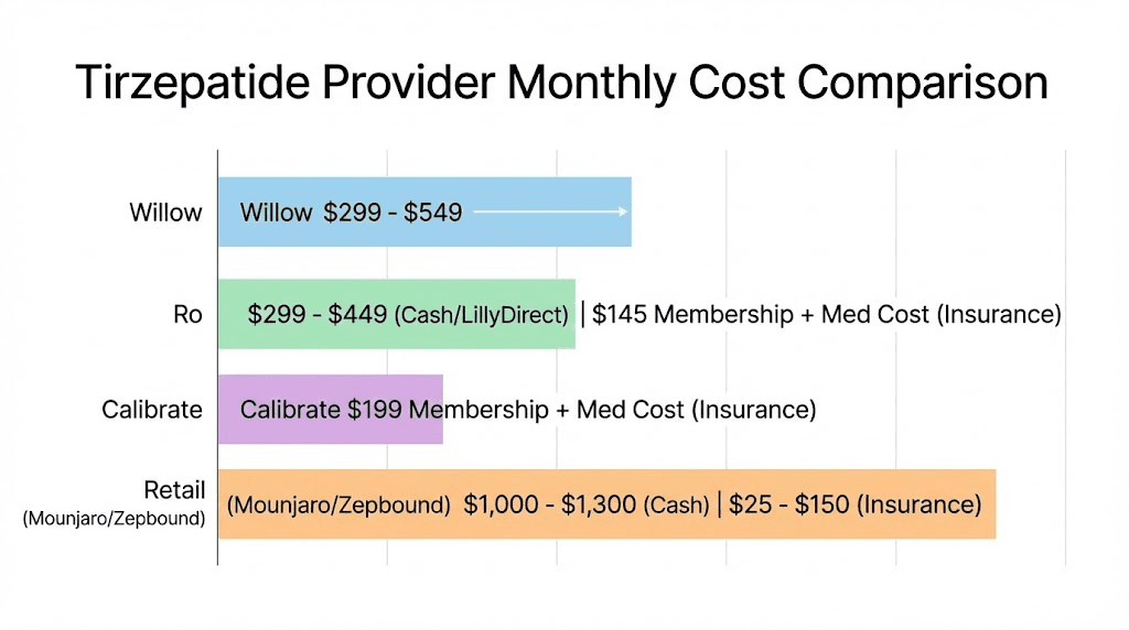 Willow tirzepatide cost versus competitor telehealth providers price comparison
