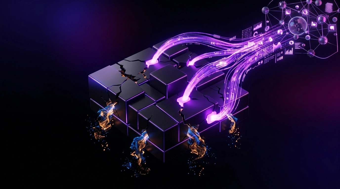 Conceptual 3D render of budget leaks being plugged by glowing purple data streams, symbolizing wasted ad spend being fixed through smarter optimization.