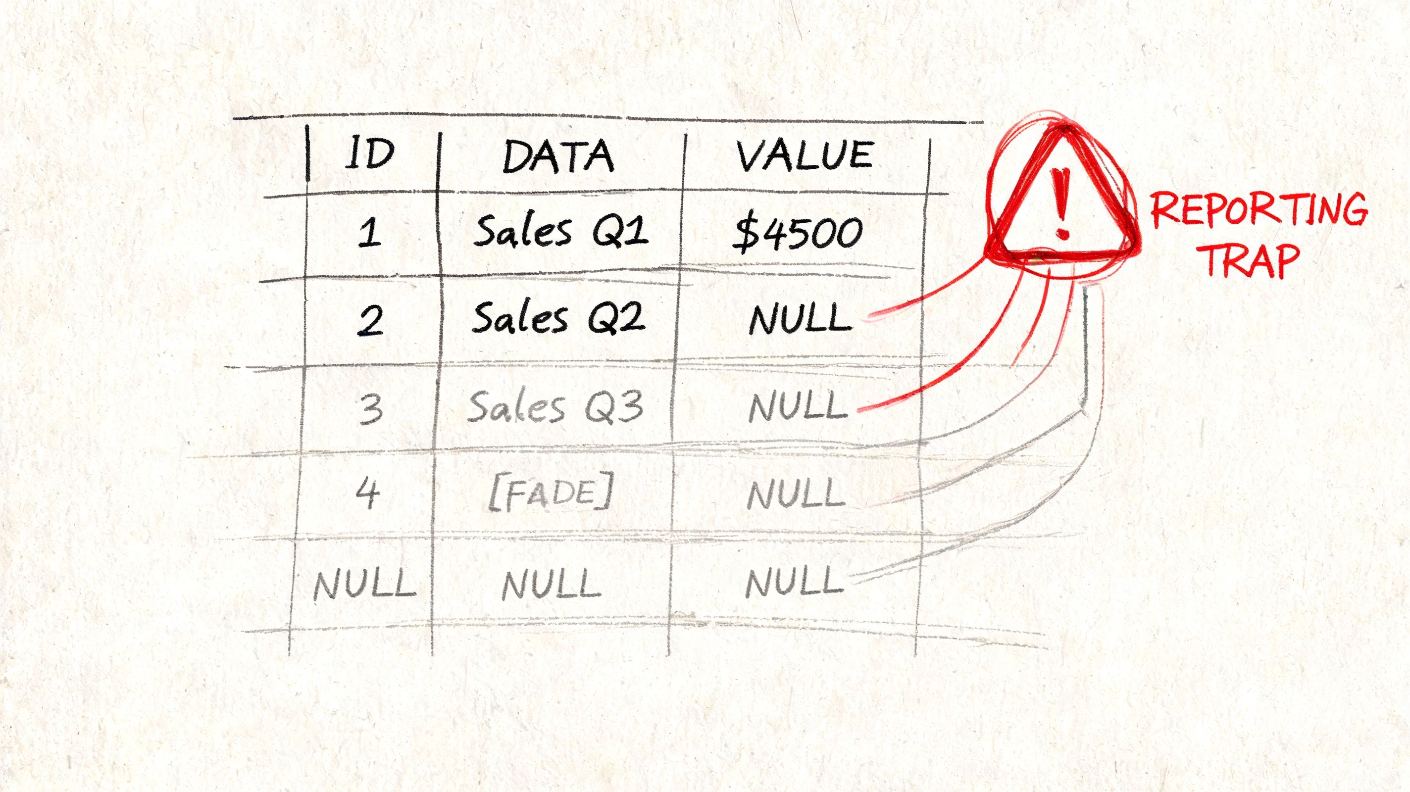 A hand-drawn table illustrating the concept of a SQL reporting trap with null values in data.