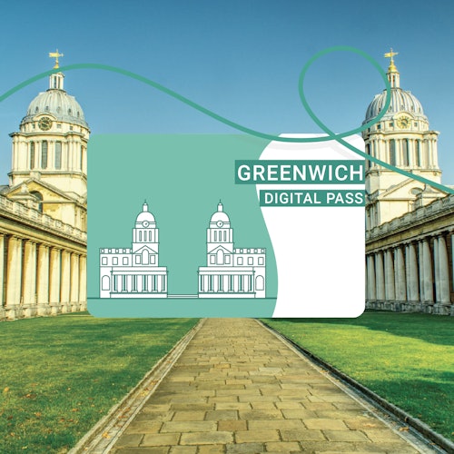 Ein digitaler Pass für Greenwich mit einer Zeichnung des Old Royal Naval College, die sich über den zentralen Innenhof legt.