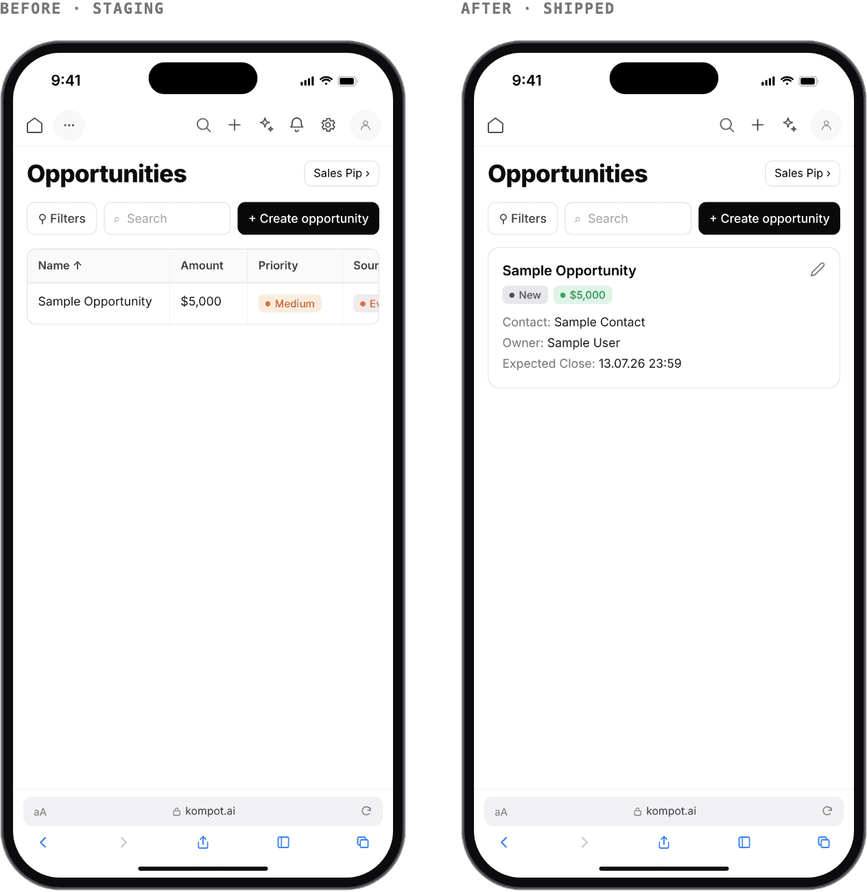 Before and after of the mobile opportunities list: a clipped desktop table, then a card with the amount