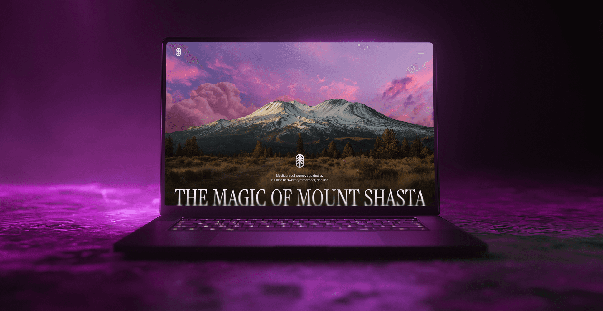 Laptop screen displaying Mount Shasta at sunset with vibrant pink clouds and lush greenery.