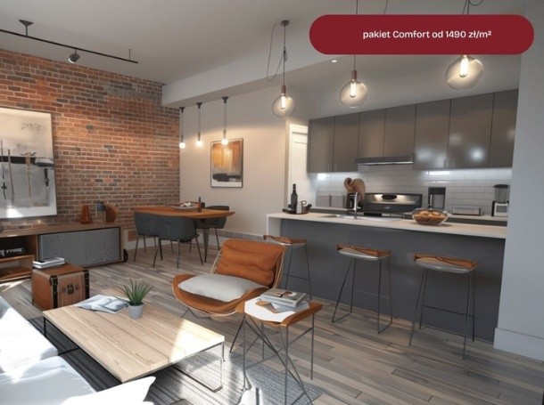 Jasny salon z ceglaną ścianą, aneksem kuchennym, wyspą z hokerami i skórzanym fotelem