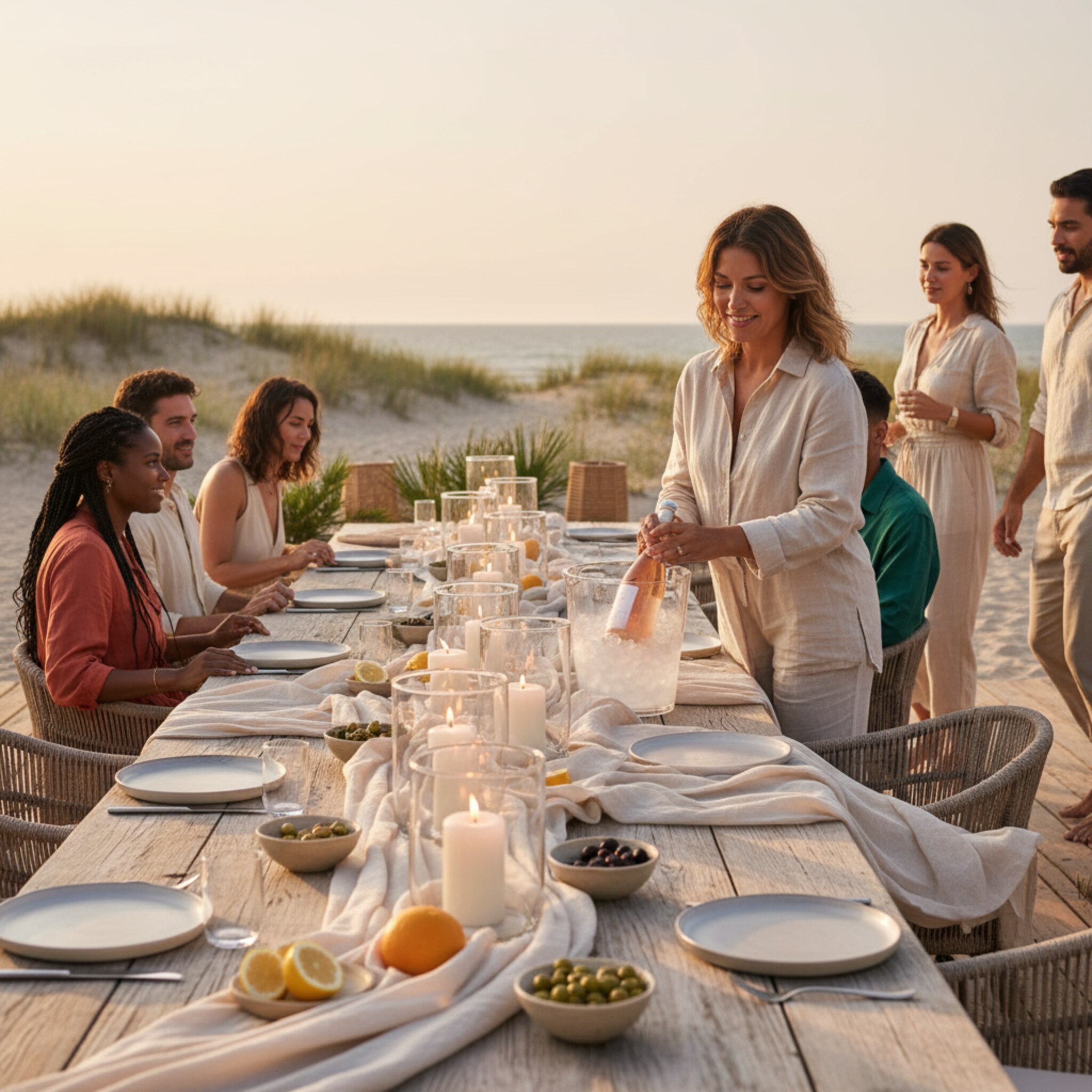 Eine lange Tafel auf sandfarbenem Holzdeck, gedeckt mit Windlichtern und leichten Leinentischdecken. Ein Host stellt eine Flasche auf Eis bereit, während im Hintergrund leise Musik anläuft. Gäste treffen ein, begrüßen sich, rücken Stühle zurecht. Die Szene strahlt Struktur und entspanntes Abendflair aus.