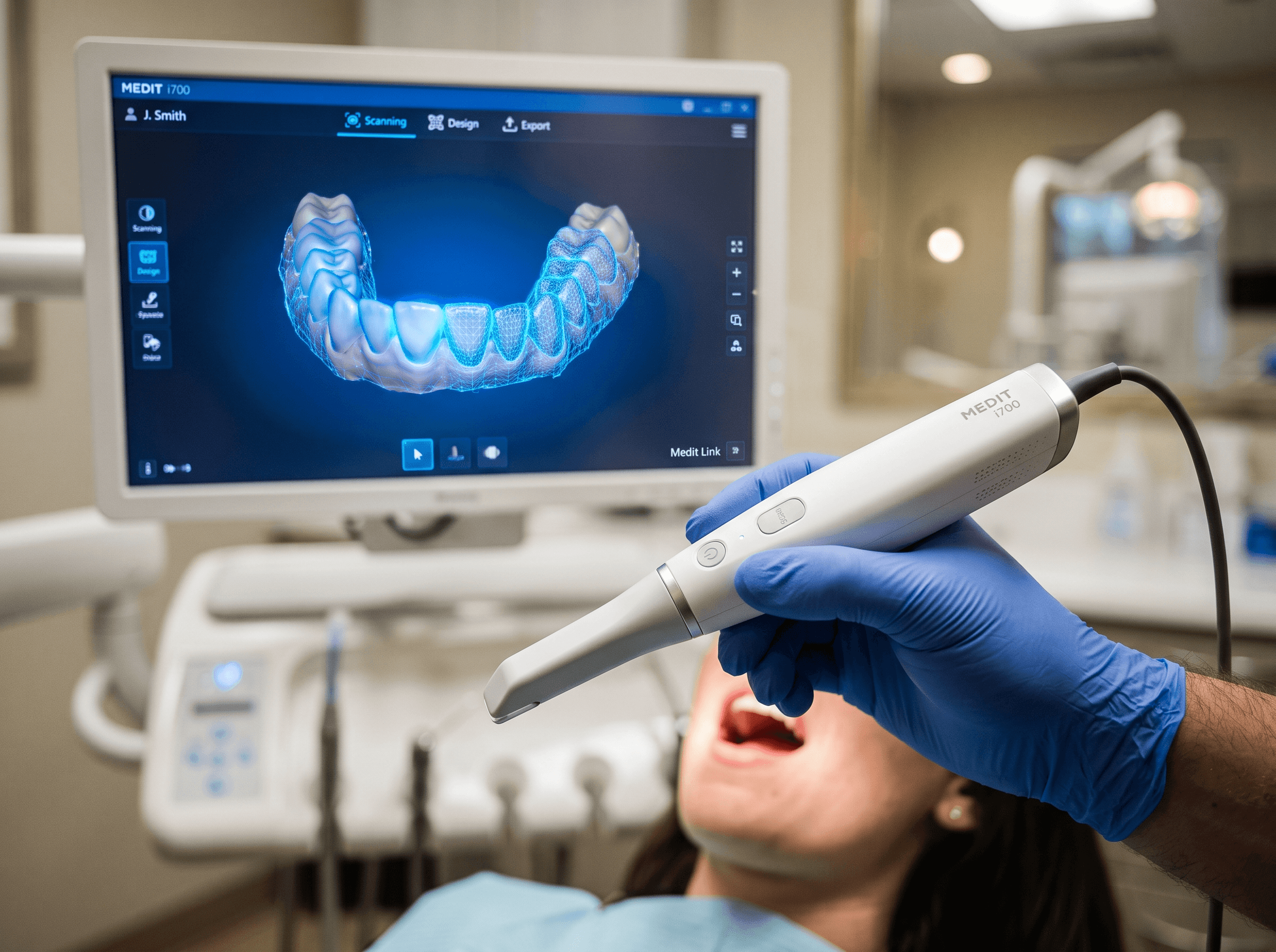 A gloved hand holding a slim intraoral scanner wand, the device in sharp focus, a monitor with a glowing blue 3D tooth model blurred in the background