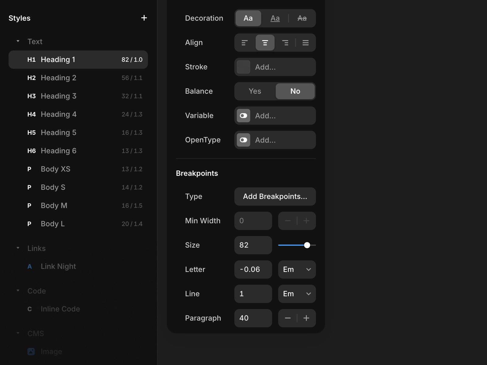 Screenshot of a 'Styles' panel for managing text formatting and breakpoints in a design interface. The left sidebar lists text styles, including headings (H1-H6) and body text sizes (XS, S, M, L).