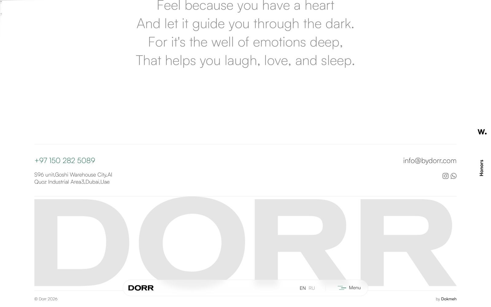 Gray text "DORR" in large letters behind contact details and address. Email: info@bydorr.com, phone: +971 50 282 5089.