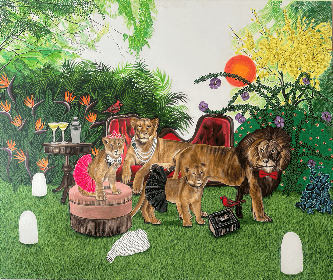 A lavish garden scene with a lion family dressed in elegant accessories: the male lion wears a red bow tie and smokes a cigar, the lioness is adorned in pearls, and their two cubs wear black and pink tutus and a tiara. They sit among red velvet chairs, bird of paradise flowers, and trees under a bright orange sun. Cocktail glasses and a shaker sit on a table, and two red birds perch nearby.