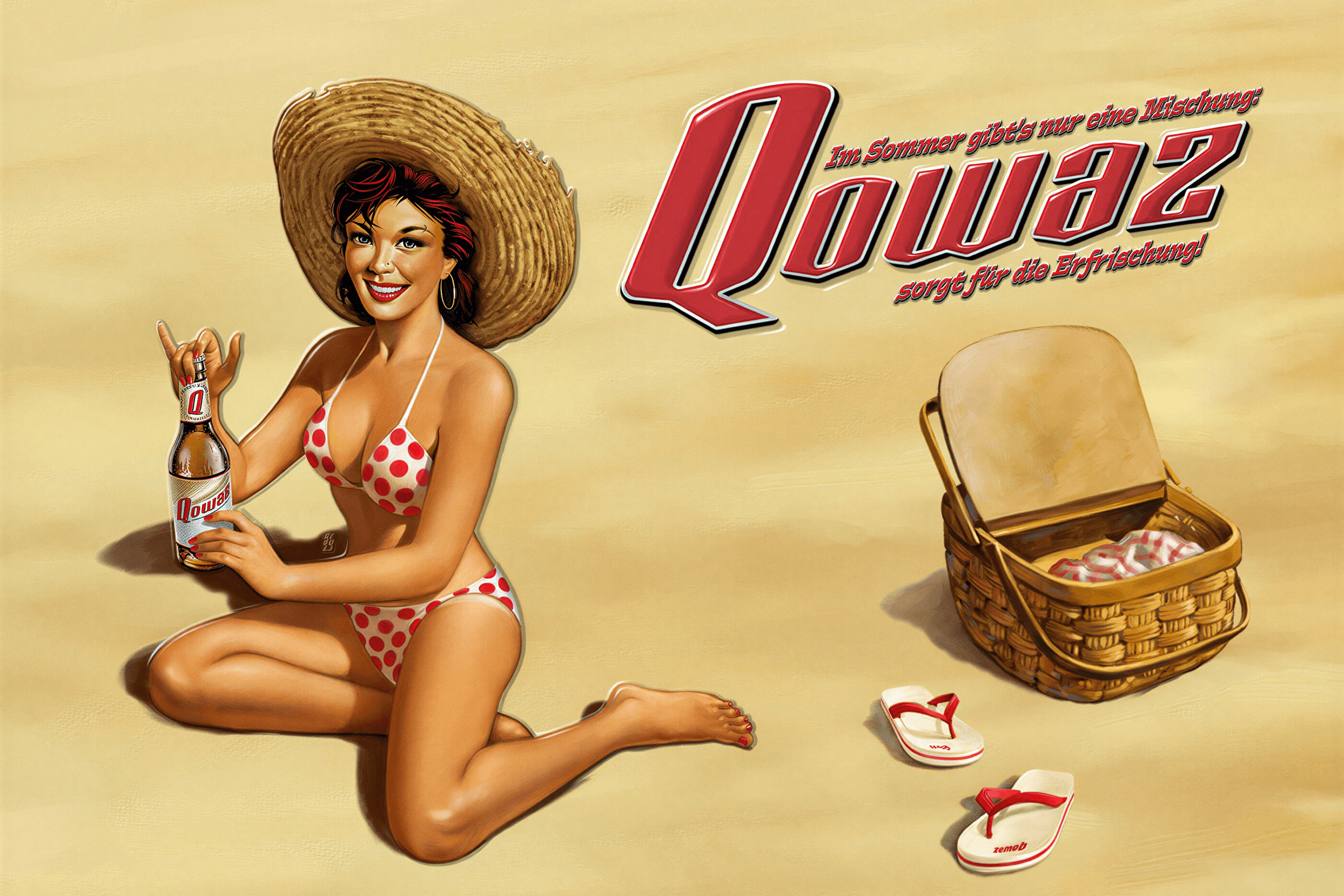 Retro pin-up woman with drink on beach.