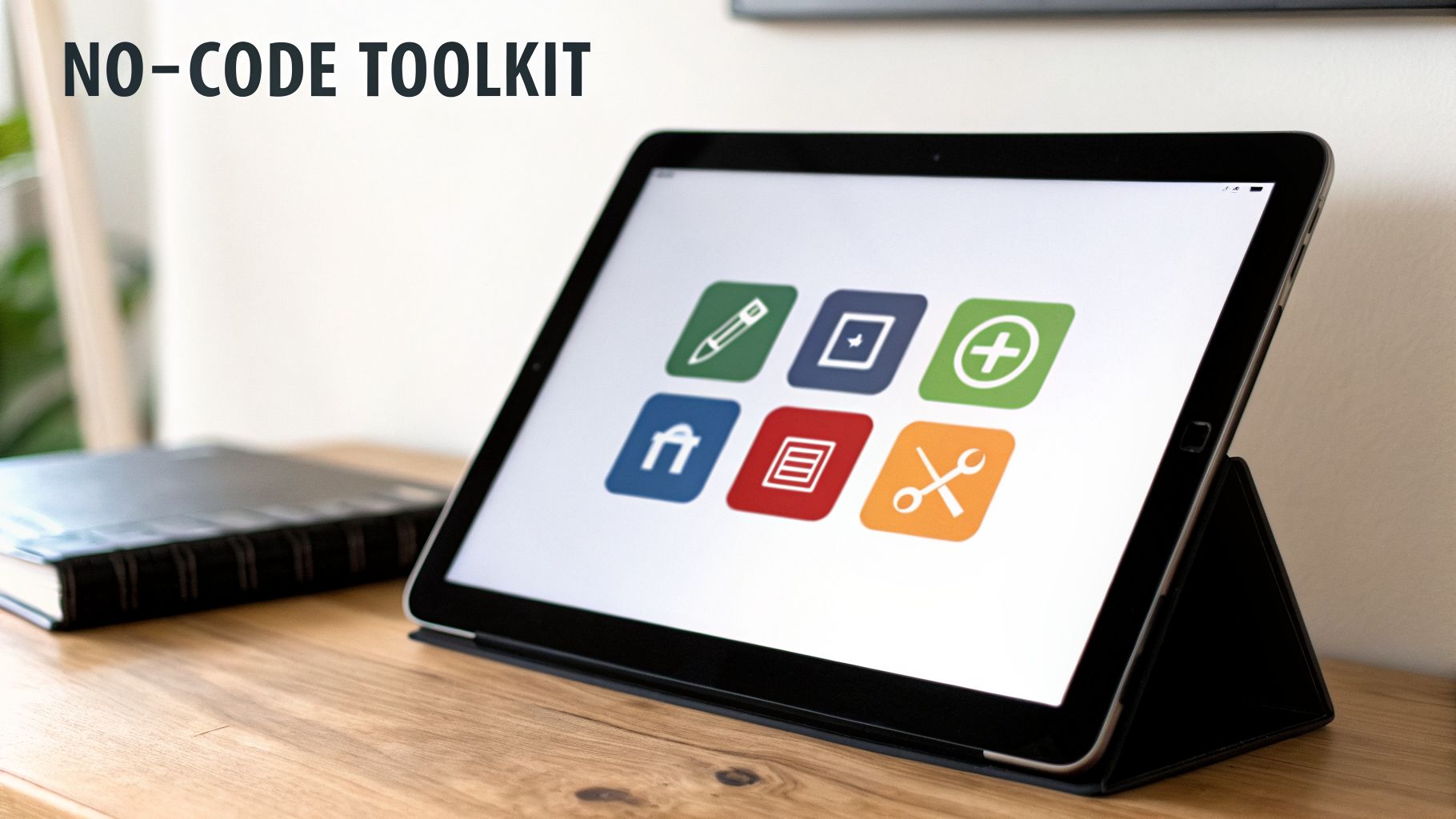 A tablet displaying a 'No-Code Toolkit' title and various colorful app icons for building digital solutions, on a wooden desk.