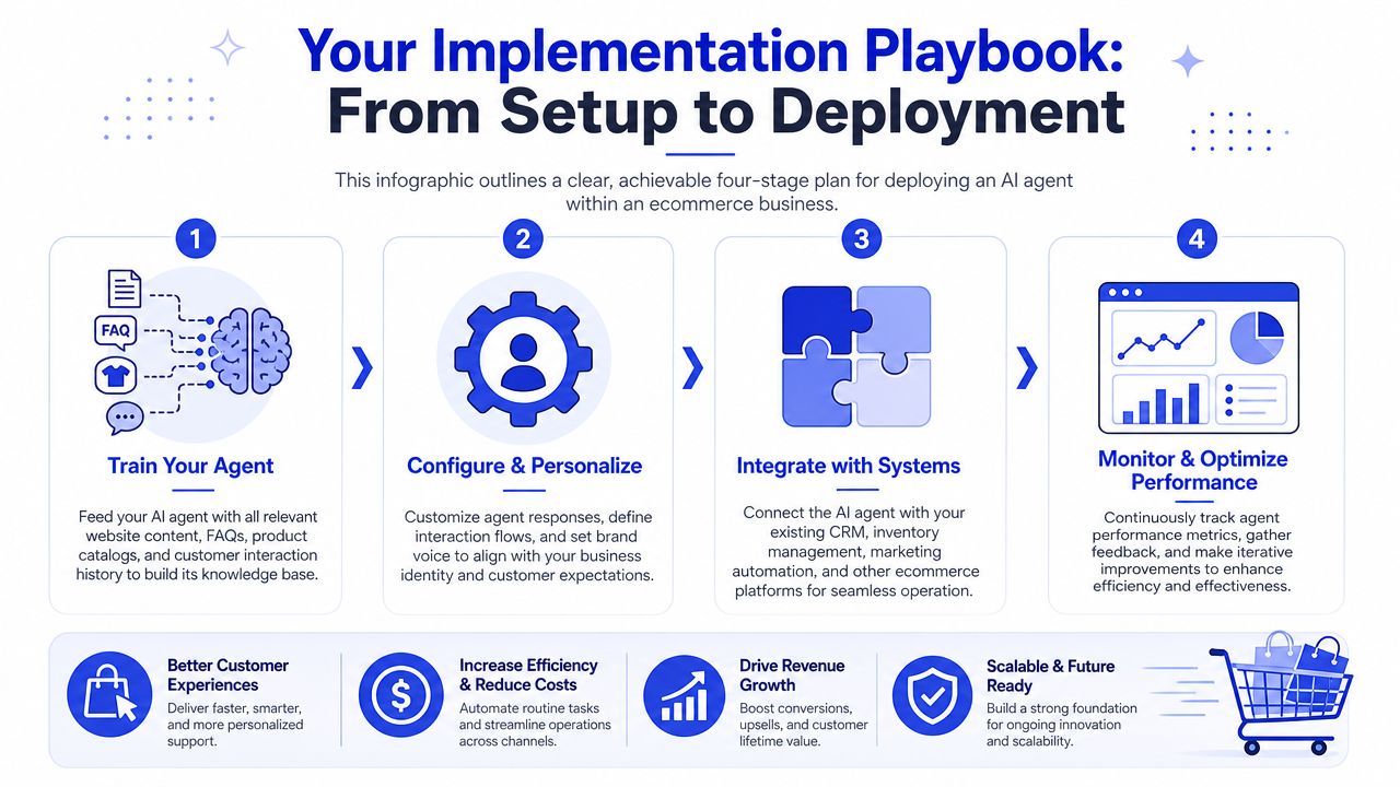 A four-stage implementation playbook infographic showing steps to set up and deploy an AI agent for ecommerce.