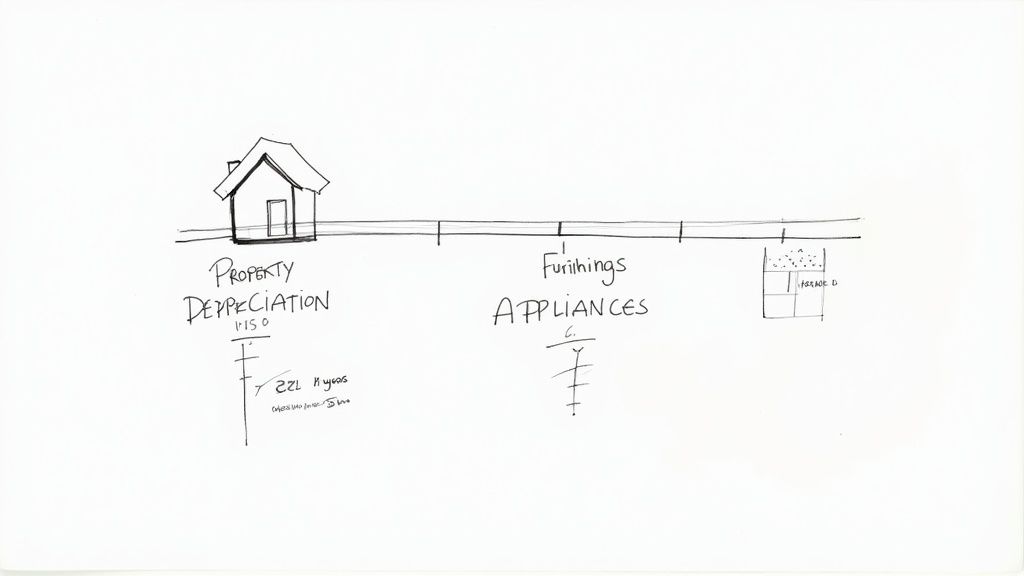 Timeline diagram showing property depreciation over twenty-seven years, furnishings, appliances, and rental property tax deductions