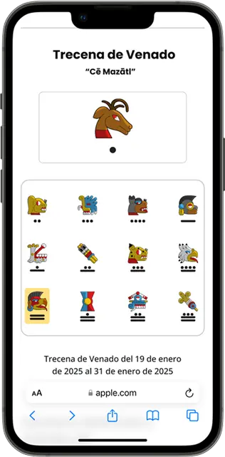 Fotografía de un smartphone con la interfaz de Tonalkin.org; muestra la sección de la 'Trecena del Venado' con una lista organizada de los trece signos acompañantes y un panel de información detallada sobre la influencia y el periodo de este ciclo cronológico.