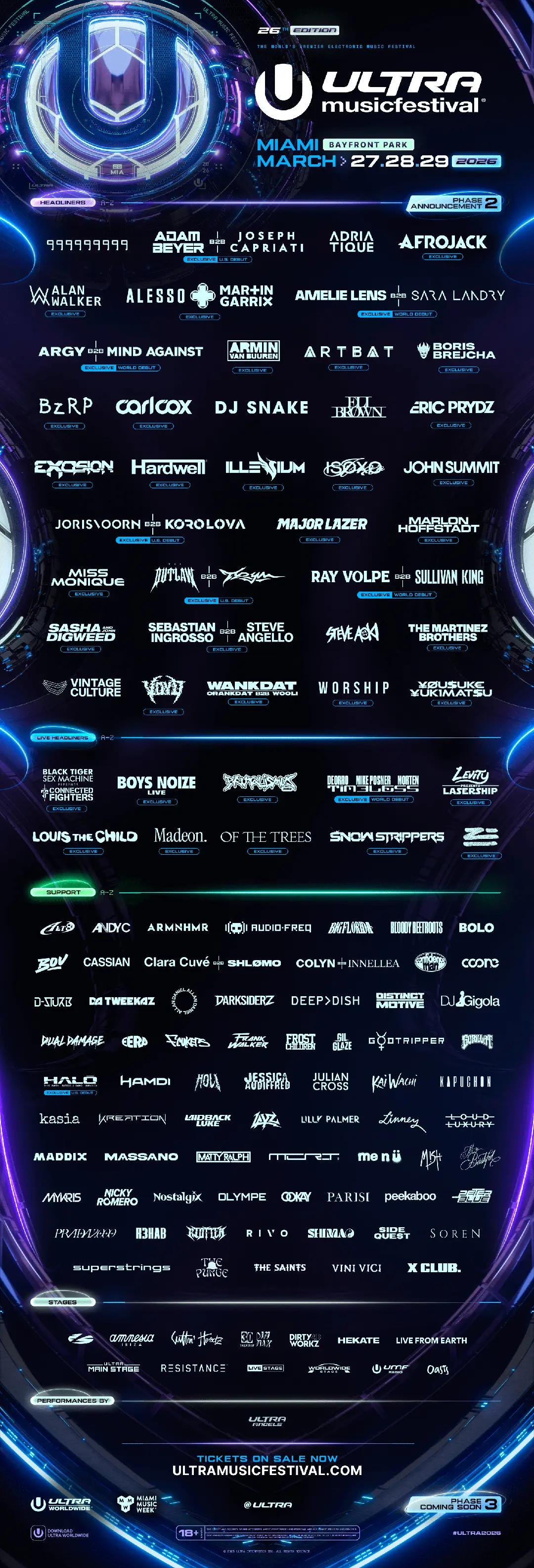 Ultra Music Festival 2026 lineup Phase 2. Credits : Ultra Worldwide