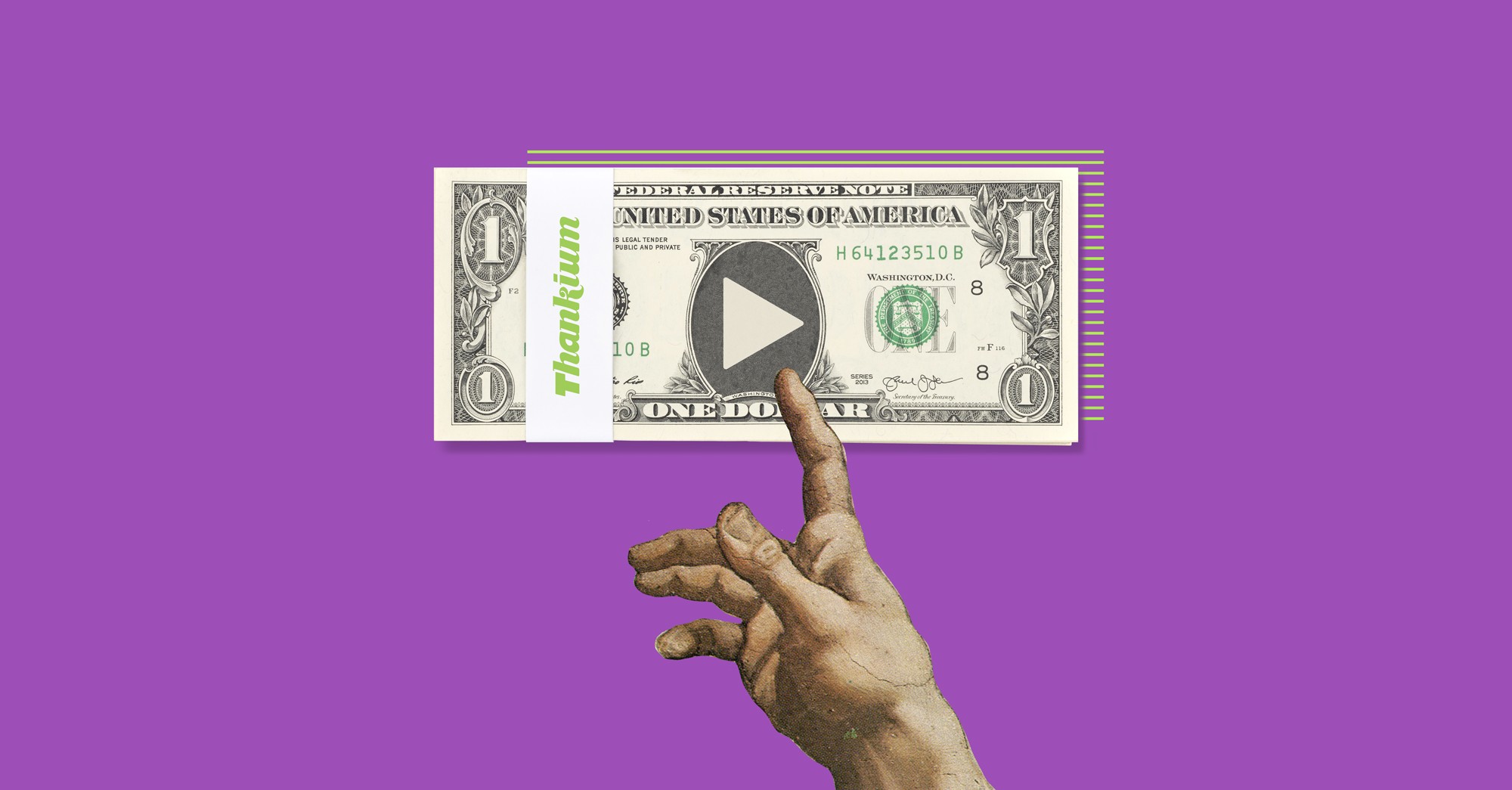 Billete de dólar con símbolo de play y mano señalando, fondo púrpura.