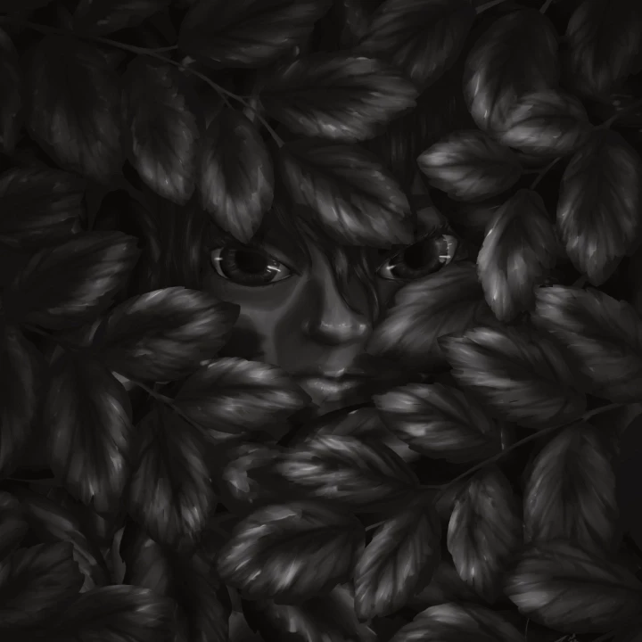 Digital painting of a woman with a camouflage paint on her face hiding between leaves.
