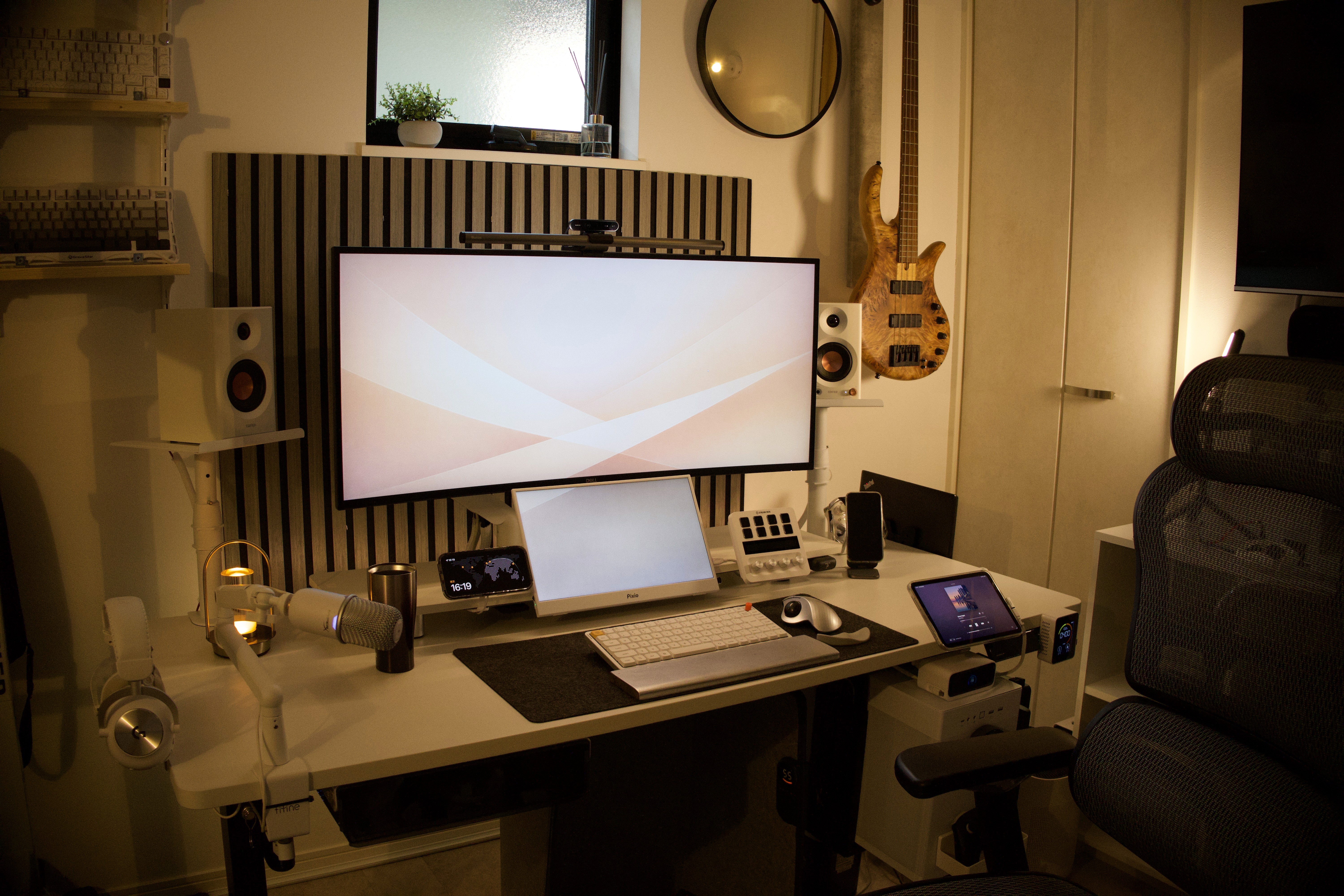 Desk with computer keyboard mouse and light