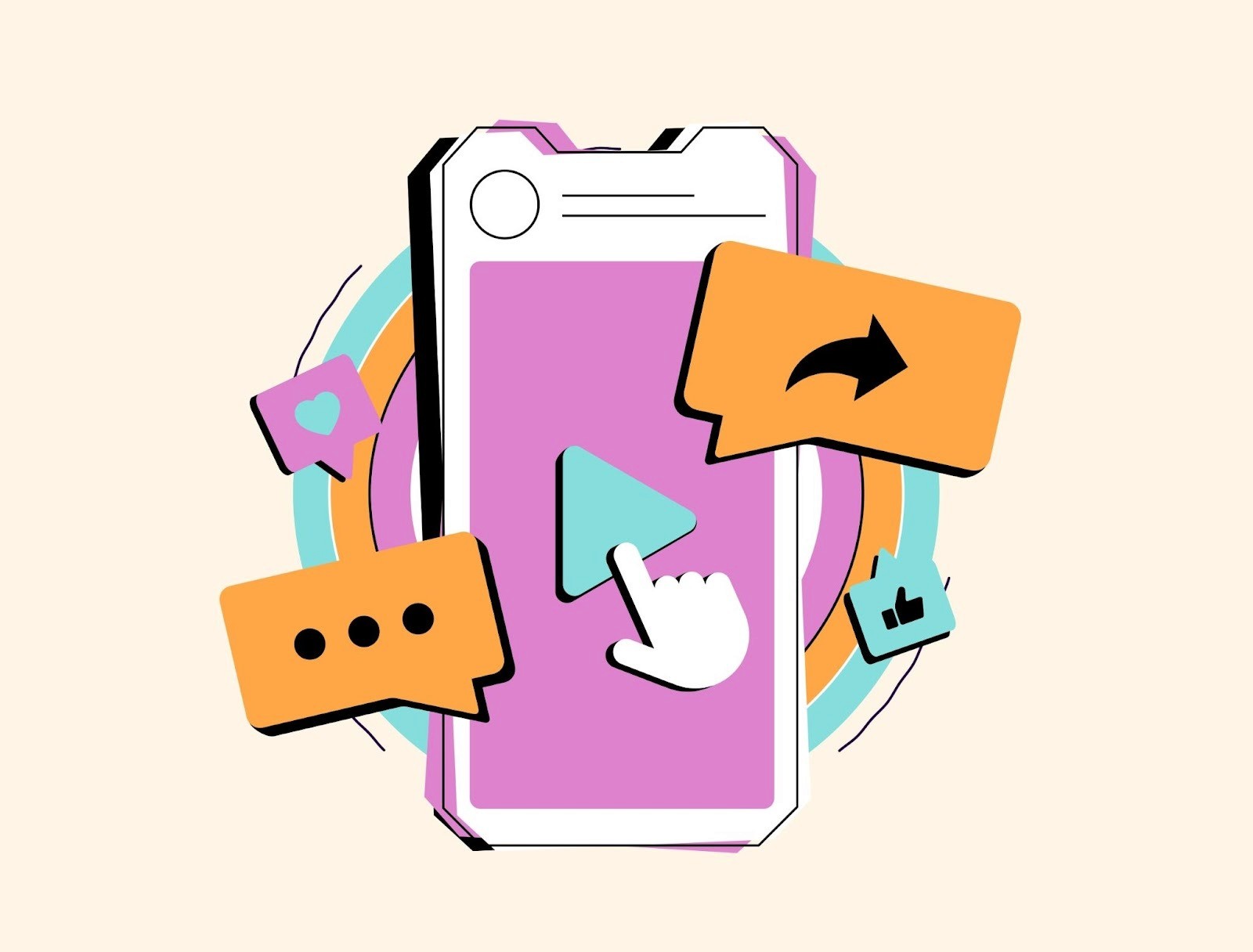 Illustration of a smartphone playing a video surrounded by social media engagement icons