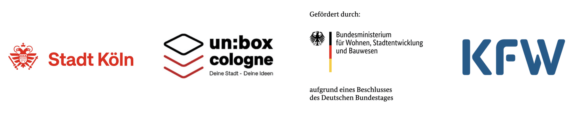 Förderlogos Stadt Köln, un:box cologne, Bundesministerium für Wohnen, Stadtentwicklung und Bauwesen, kfw
