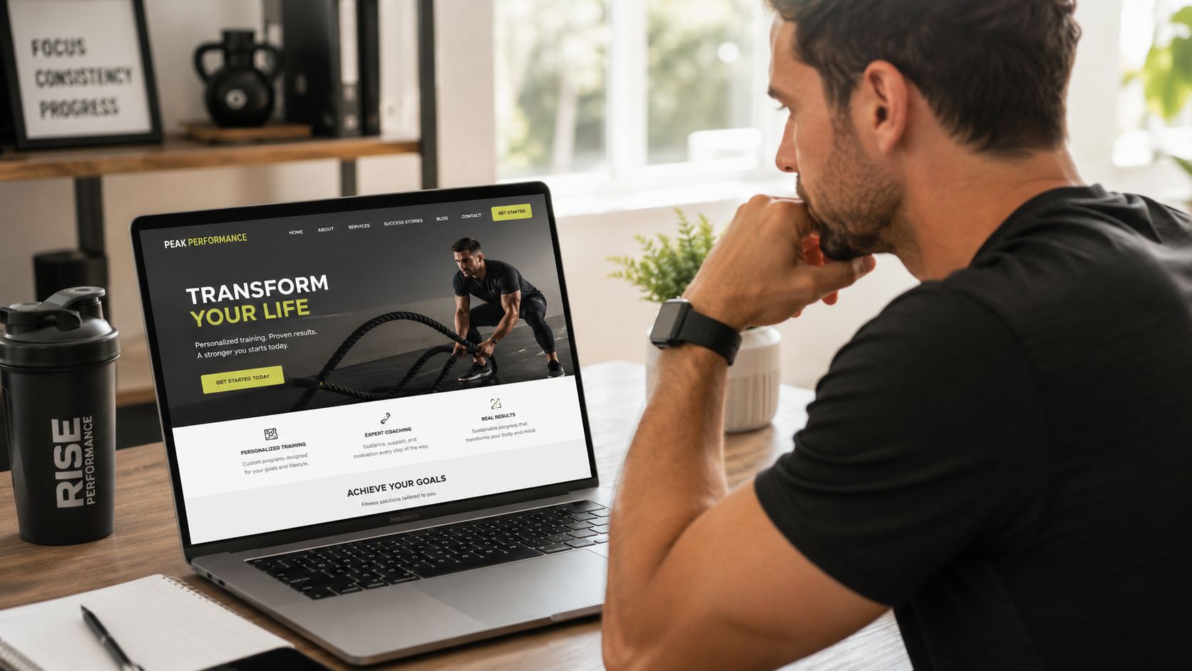 A fit man sitting at a desk looking at a personal trainer website on his laptop computer.