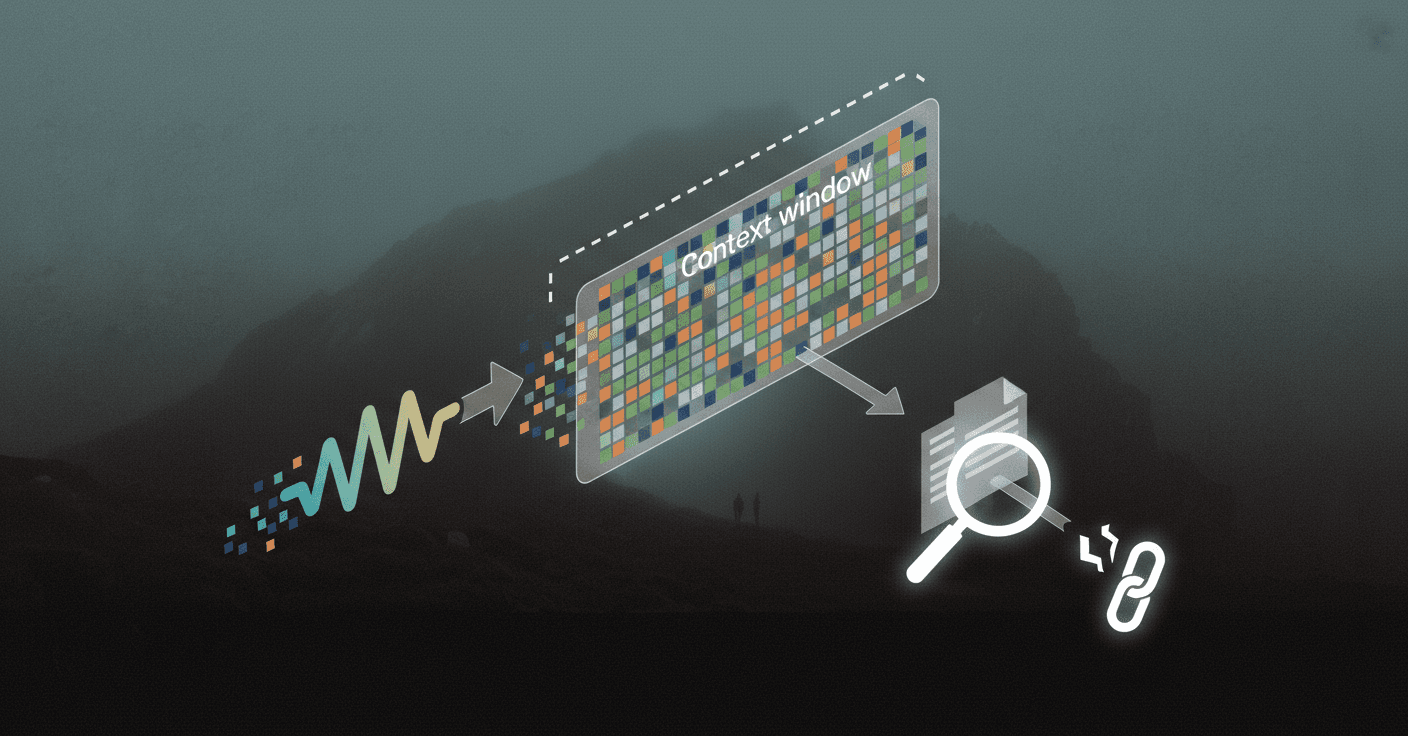 Audio tokens overflowing a limited LLM window while a broken branch shows failed retrieval
