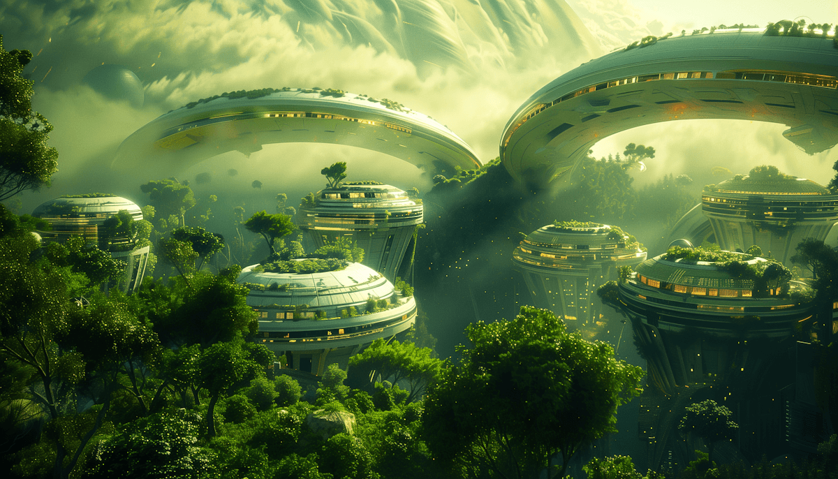 green ecosystem with alot of trees and futuristic buildings