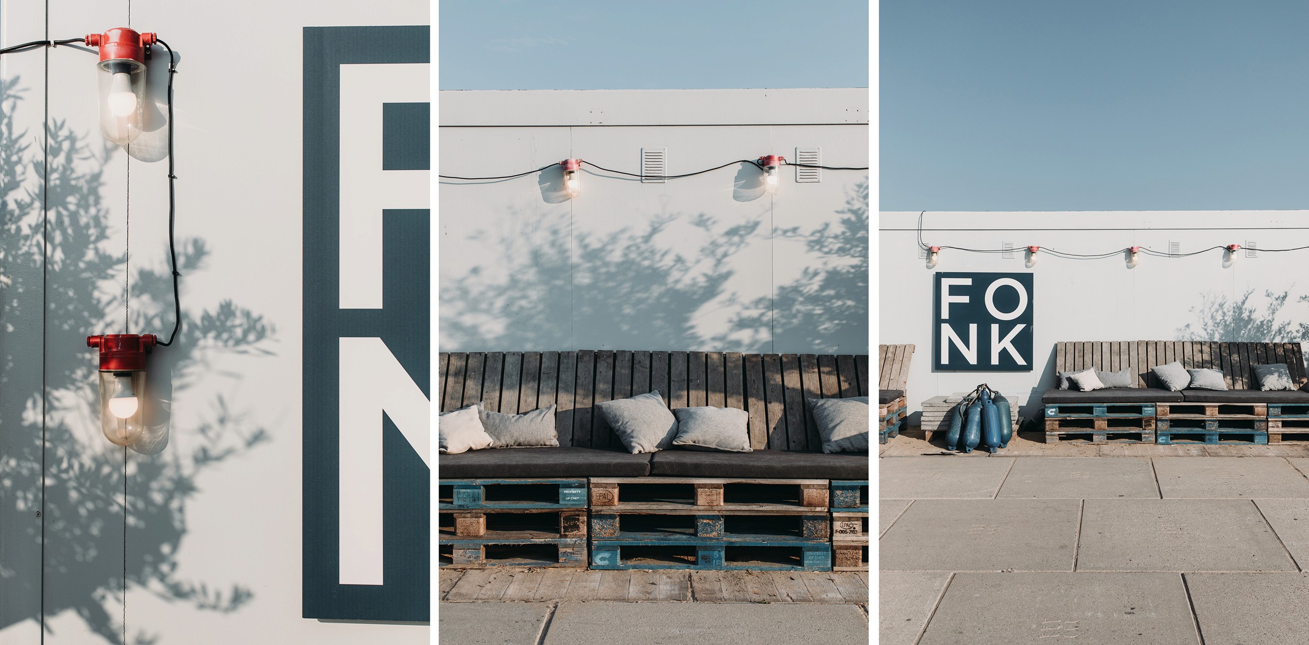 Three photos of the front facade of Fonk Beach at the boulevard in Scheveningen