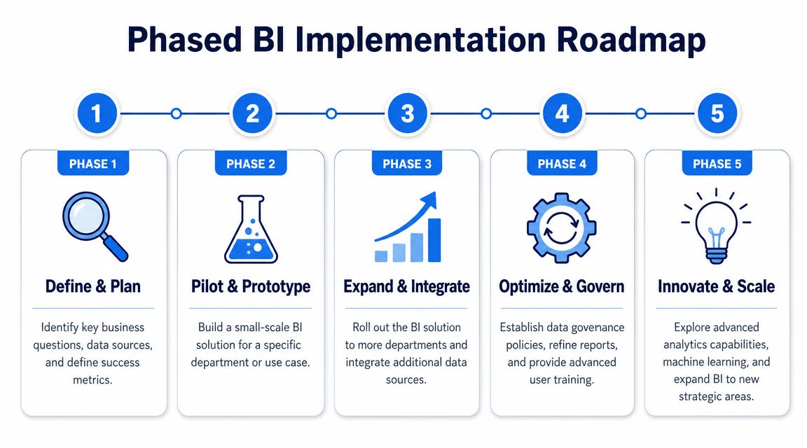 A five-step roadmap illustration outlining the phases of a professional business intelligence implementation strategy for organizations.