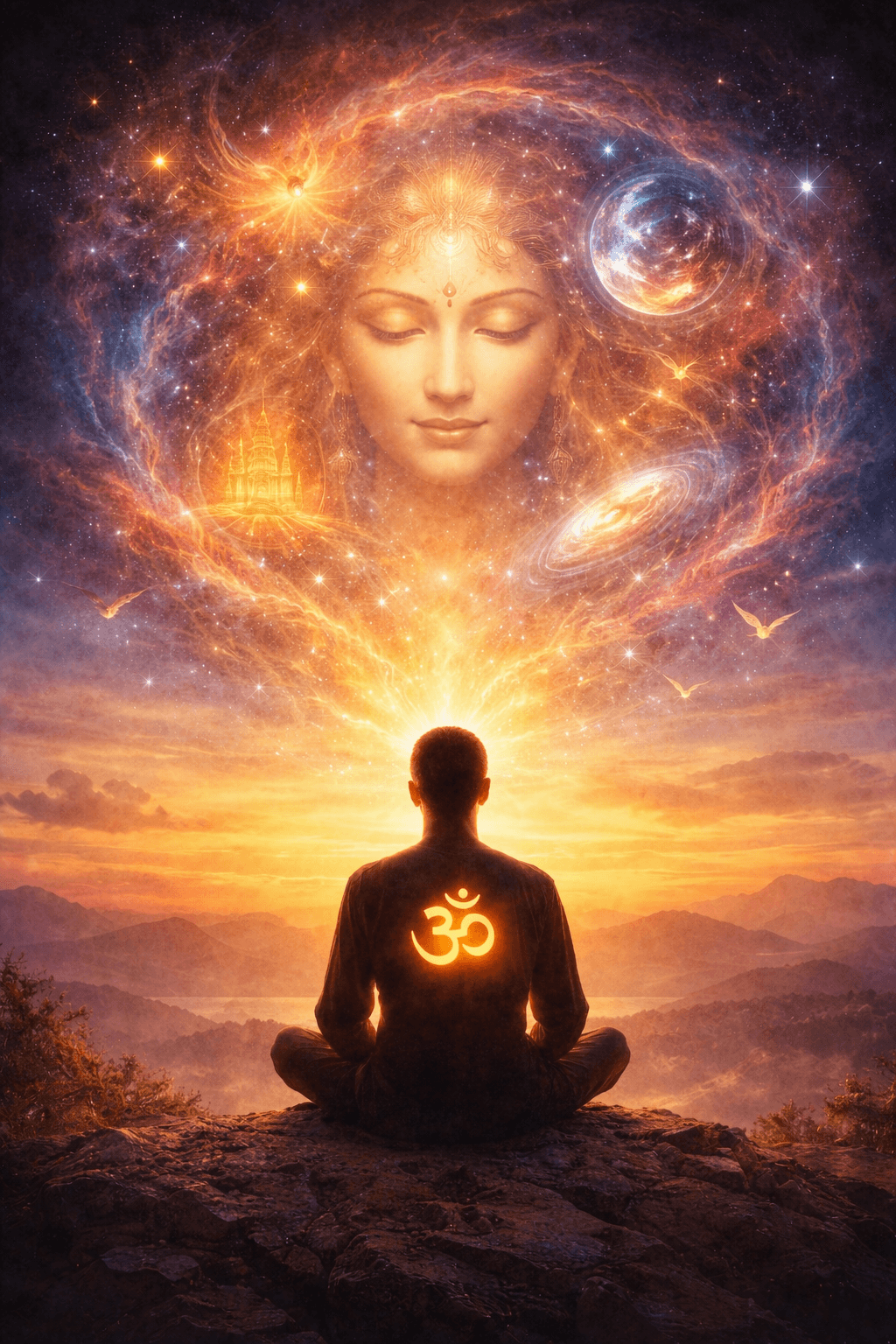 पहाड़ पर ध्यान करता व्यक्ति, पीठ पर चमकता ॐ चिन्ह और ऊपर ब्रह्मांडीय दिव्य चेहरा, मन और चेतना से उत्पन्न ईश्वर की अवधारणा का प्रतीक।