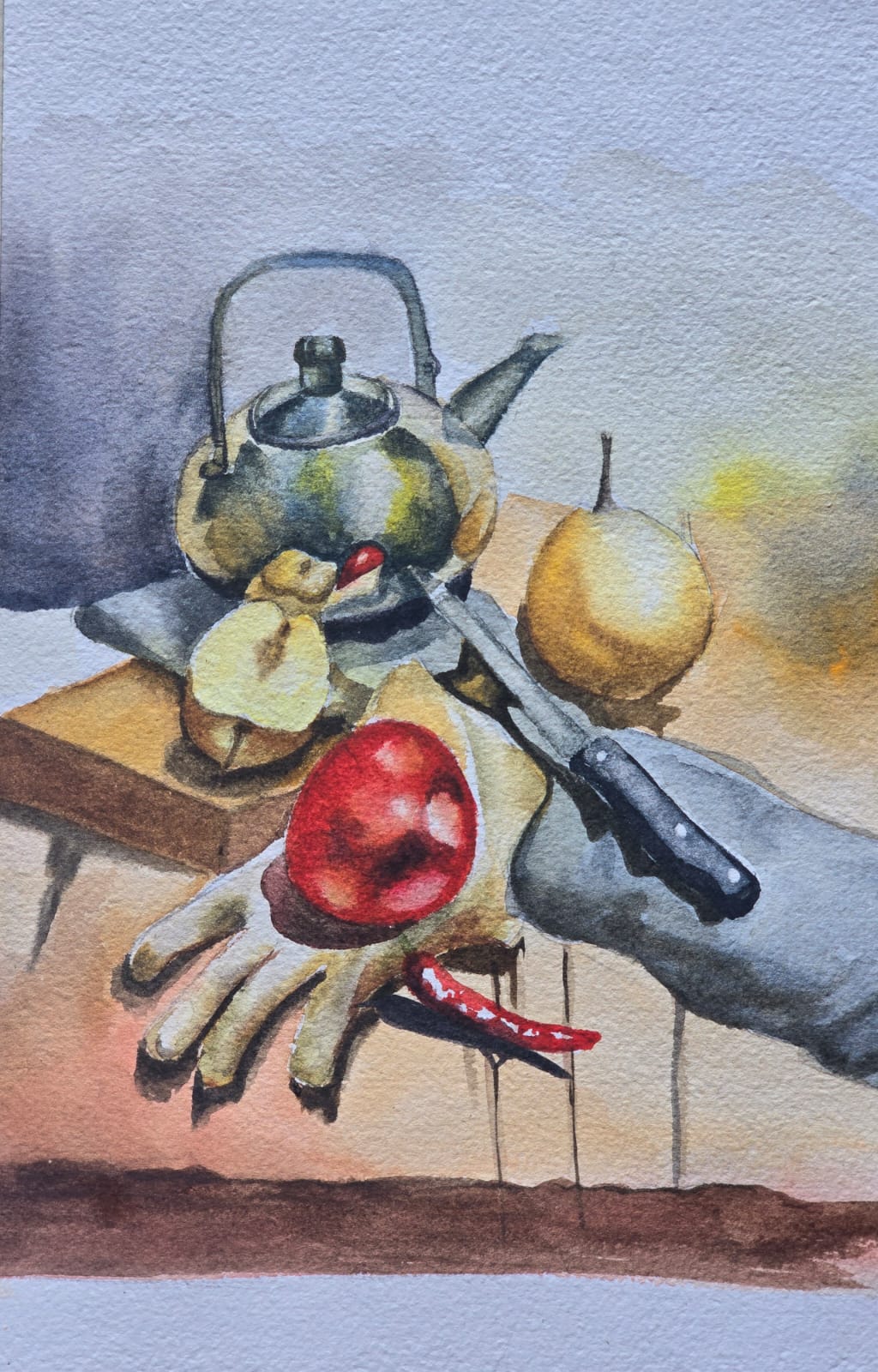 A still life painting featuring a knife, a pot, and several red apples arranged artistically on a table.
